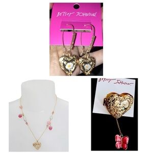 BETSEY JOHNSON SET Valentine Locket Charm Necklace Earrings & Ring NEW NWT